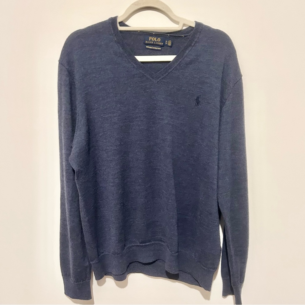 Polo Ralph Lauren Men's Size  XLarge Sweater Merino Wool V Neck Long Sleeve Blue